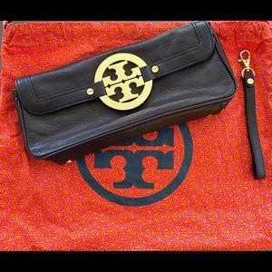 TORY BURCH Brown Pebbled Leather Wristlet Clutch